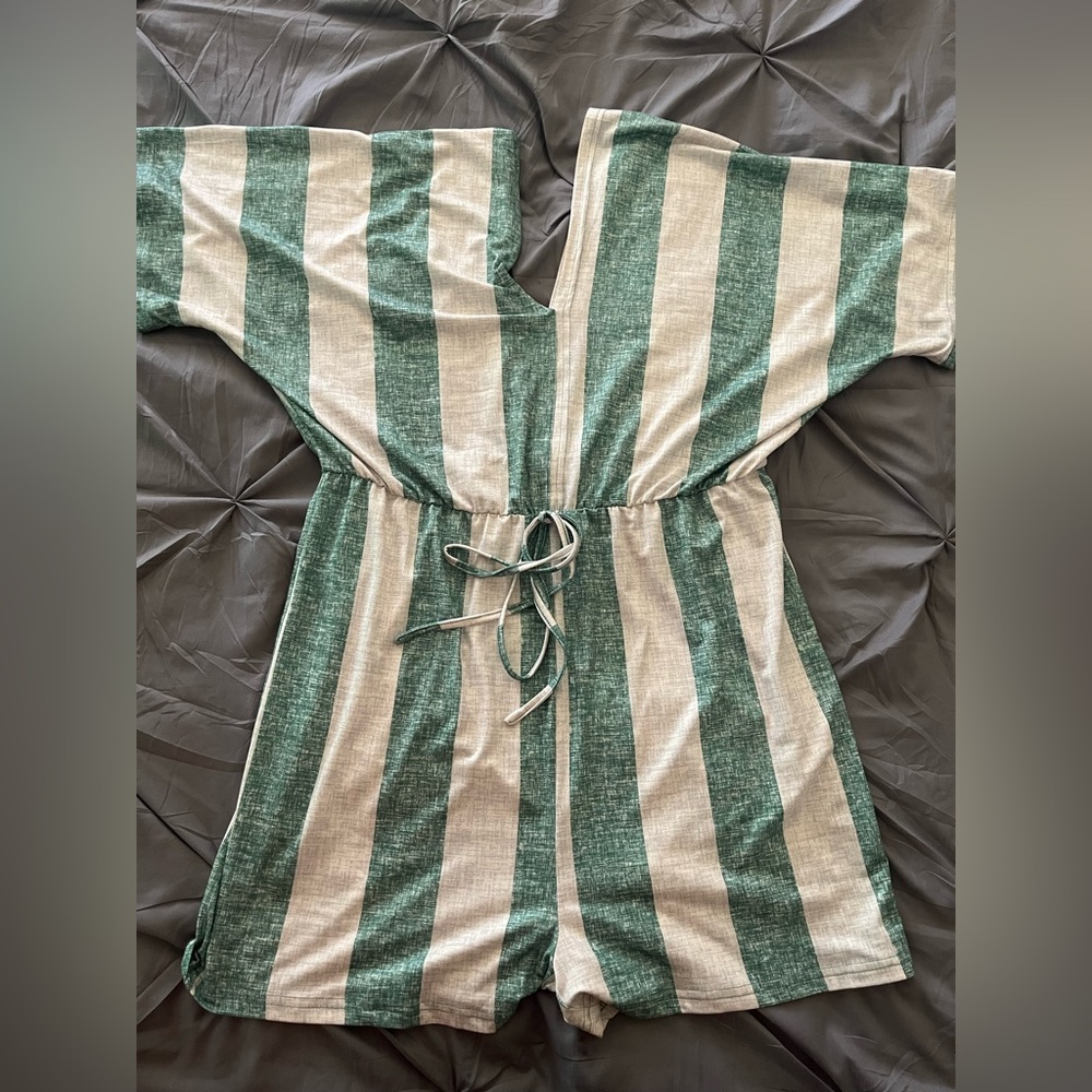 Green and Beige Striped Romper
